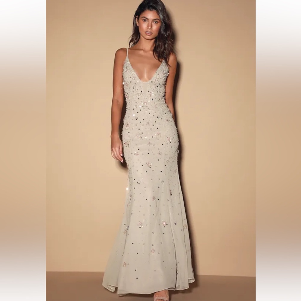 Lulu’s Grey Beaded Radiant Maxi Dress